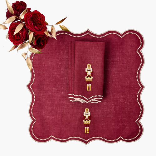 Burgundy Nutcracker Embroidered Linen Napkins (Set of 4)