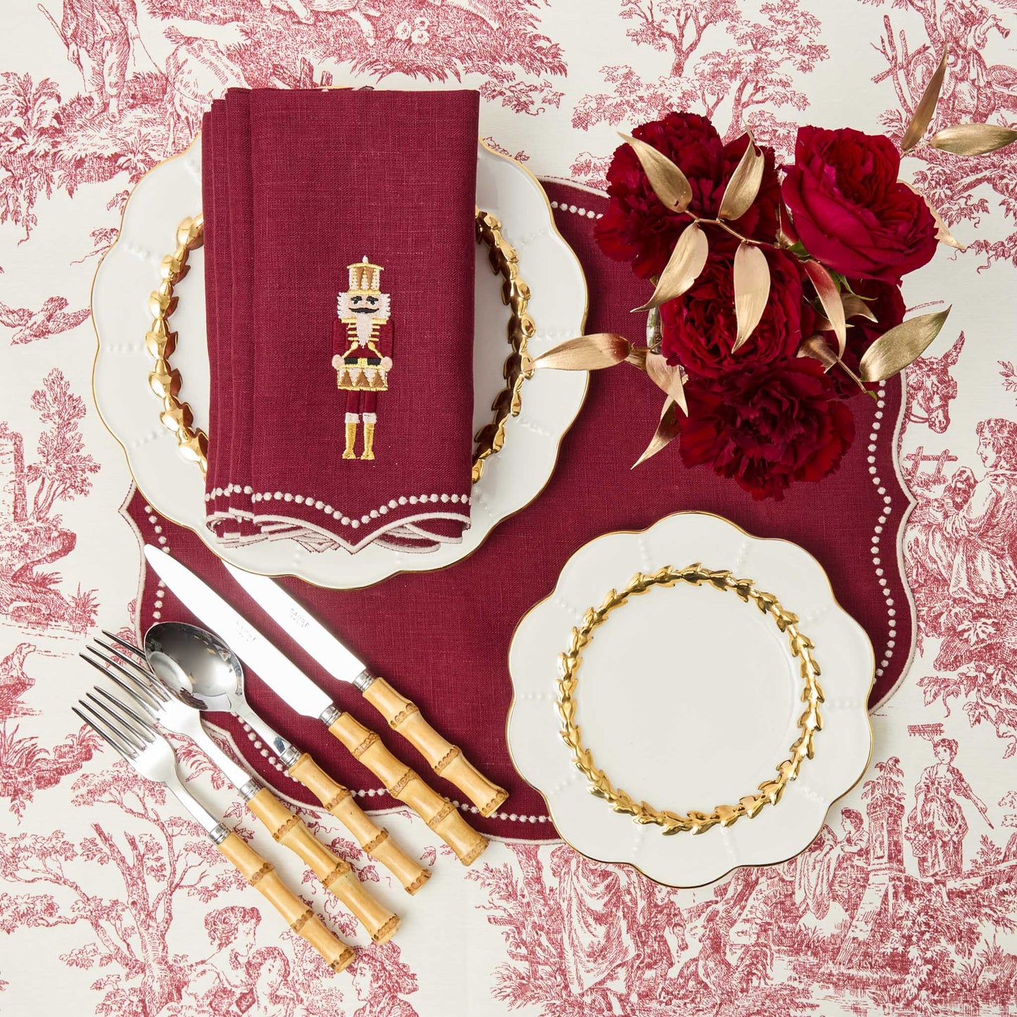 Burgundy Nutcracker Embroidered Linen Napkins (Set of 4)