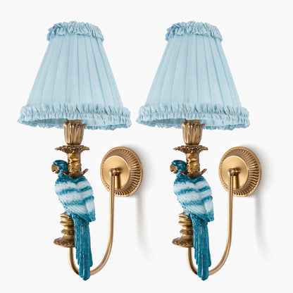 Pair of Blue Parrot Rechargeable Wall Lights with Soft Blue Frilled Silk Shades (18cm)