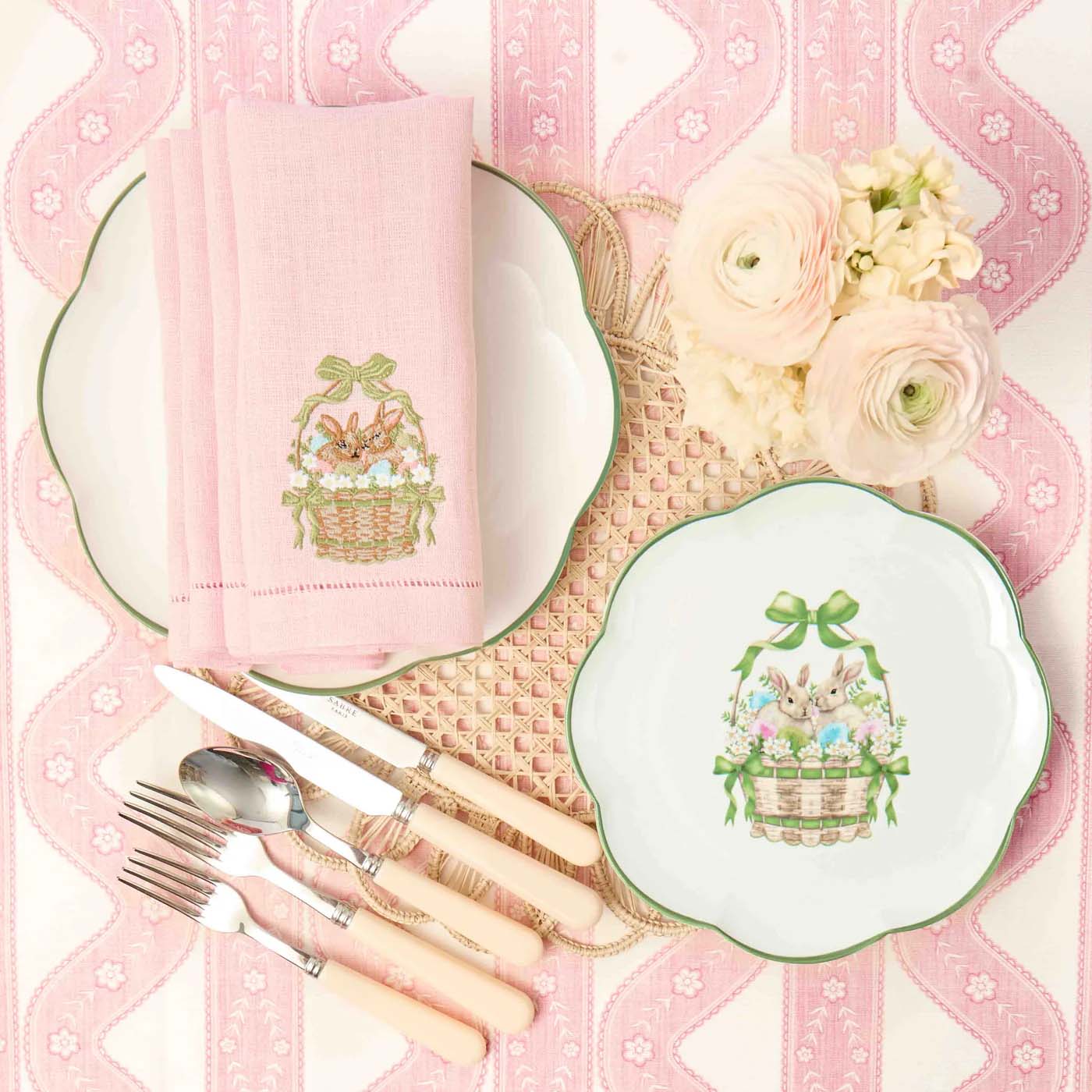 Bunnies in Basket Embroidered Linen Napkins (Set of 4)