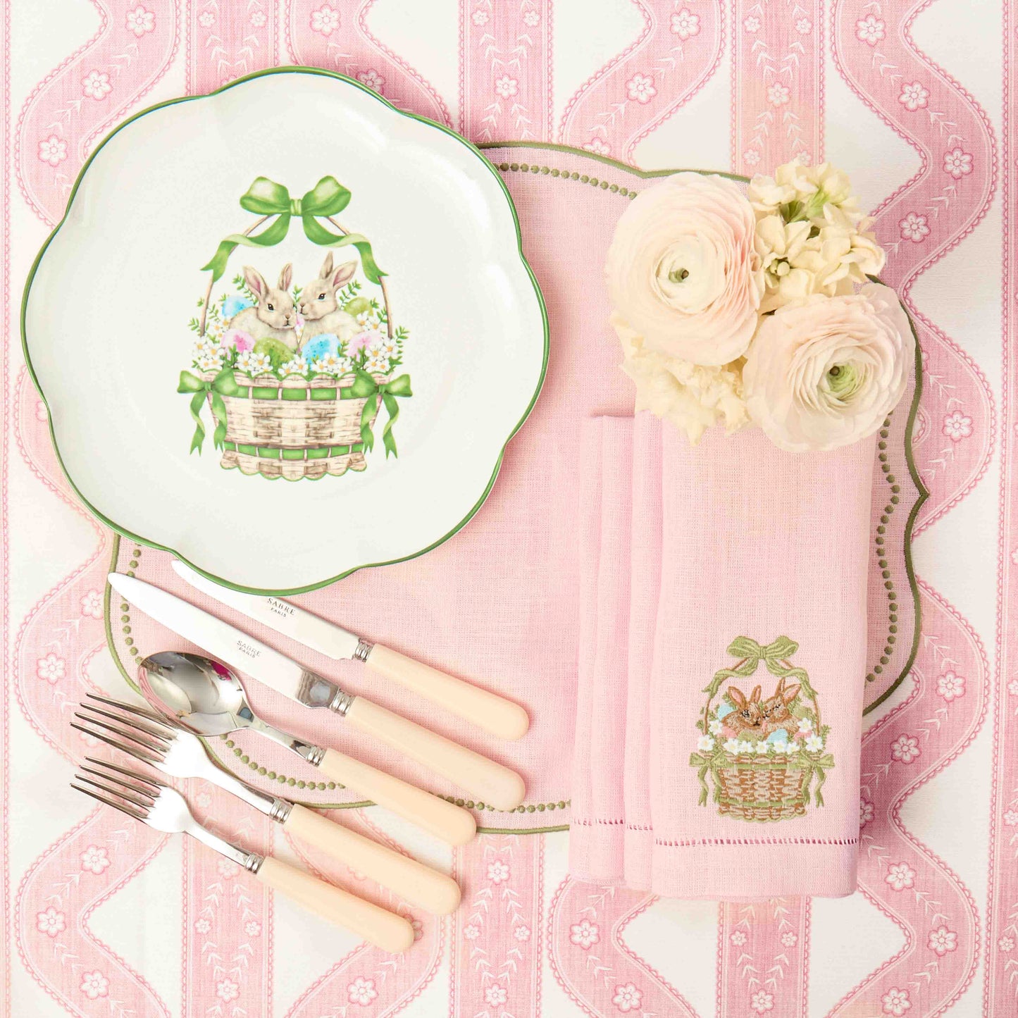 Bunnies in Basket Embroidered Linen Napkins (Set of 4)