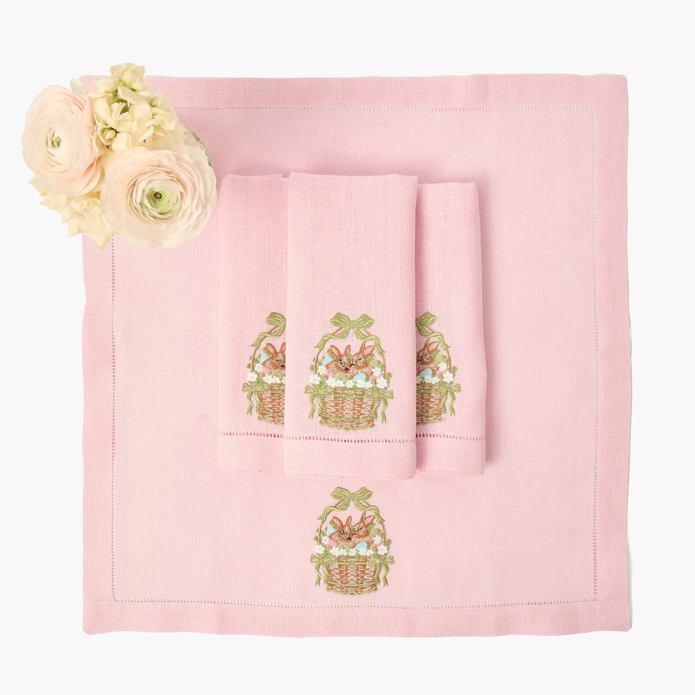 Bunnies in Basket Embroidered Linen Napkins (Set of 4)
