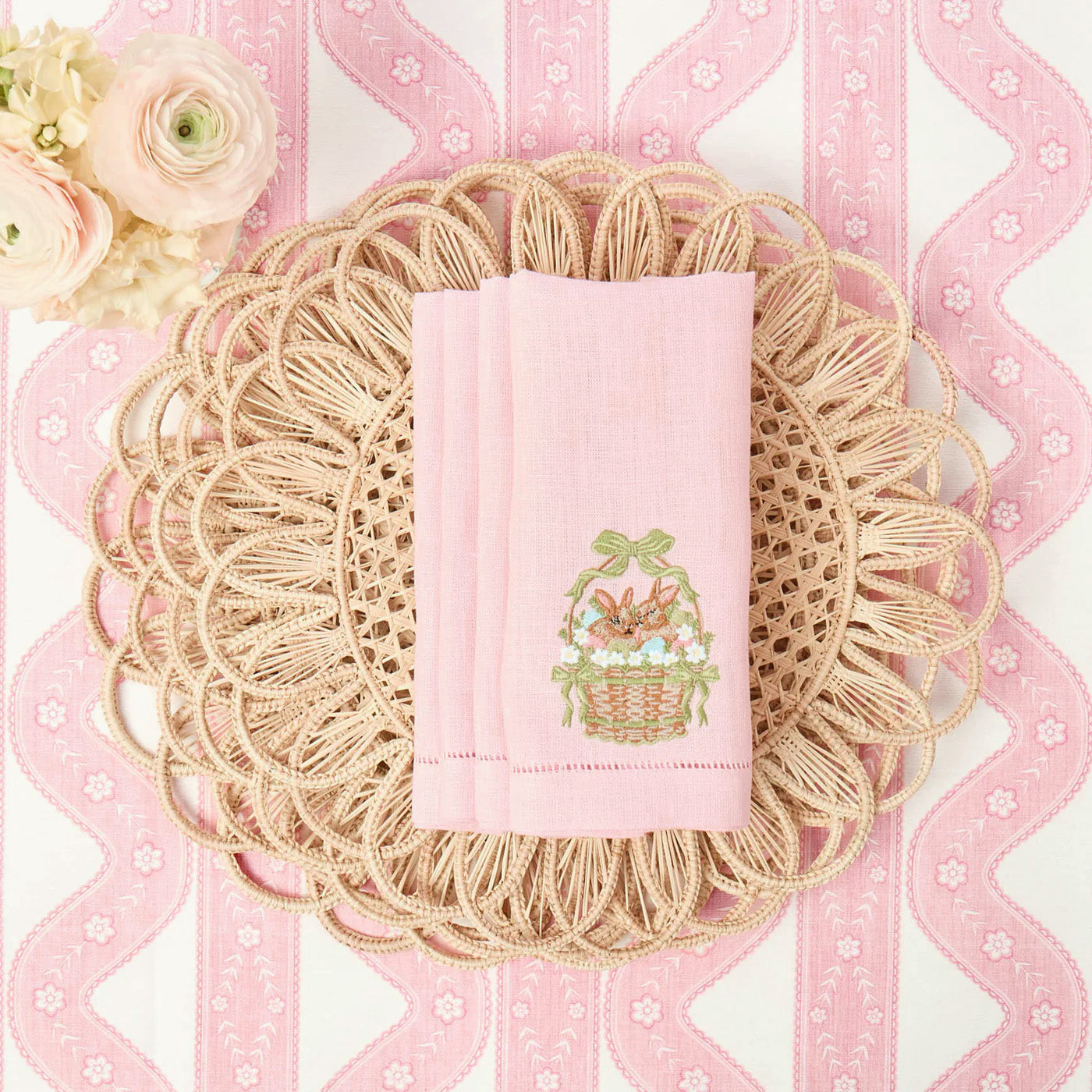 Bunnies in Basket Embroidered Linen Napkins (Set of 4)