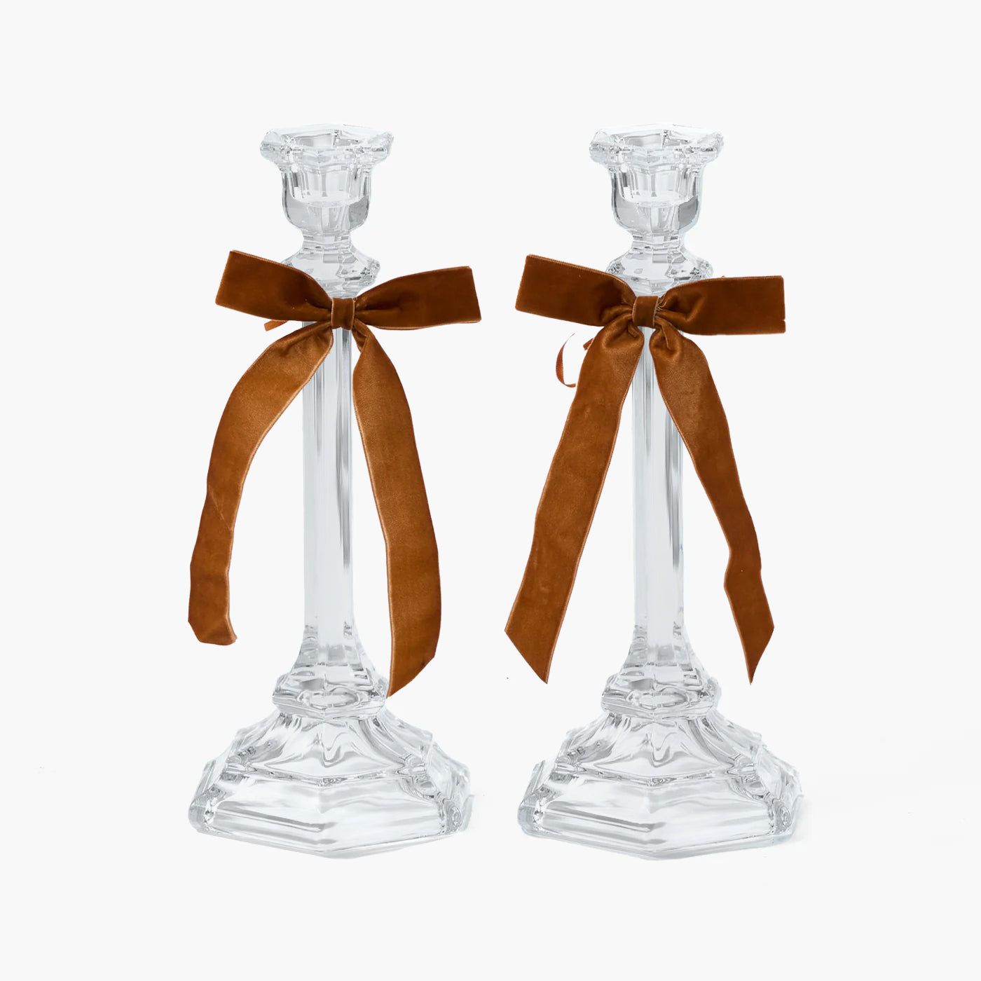 Glass Column Candle Holders with Chocolate Bows (Pair)