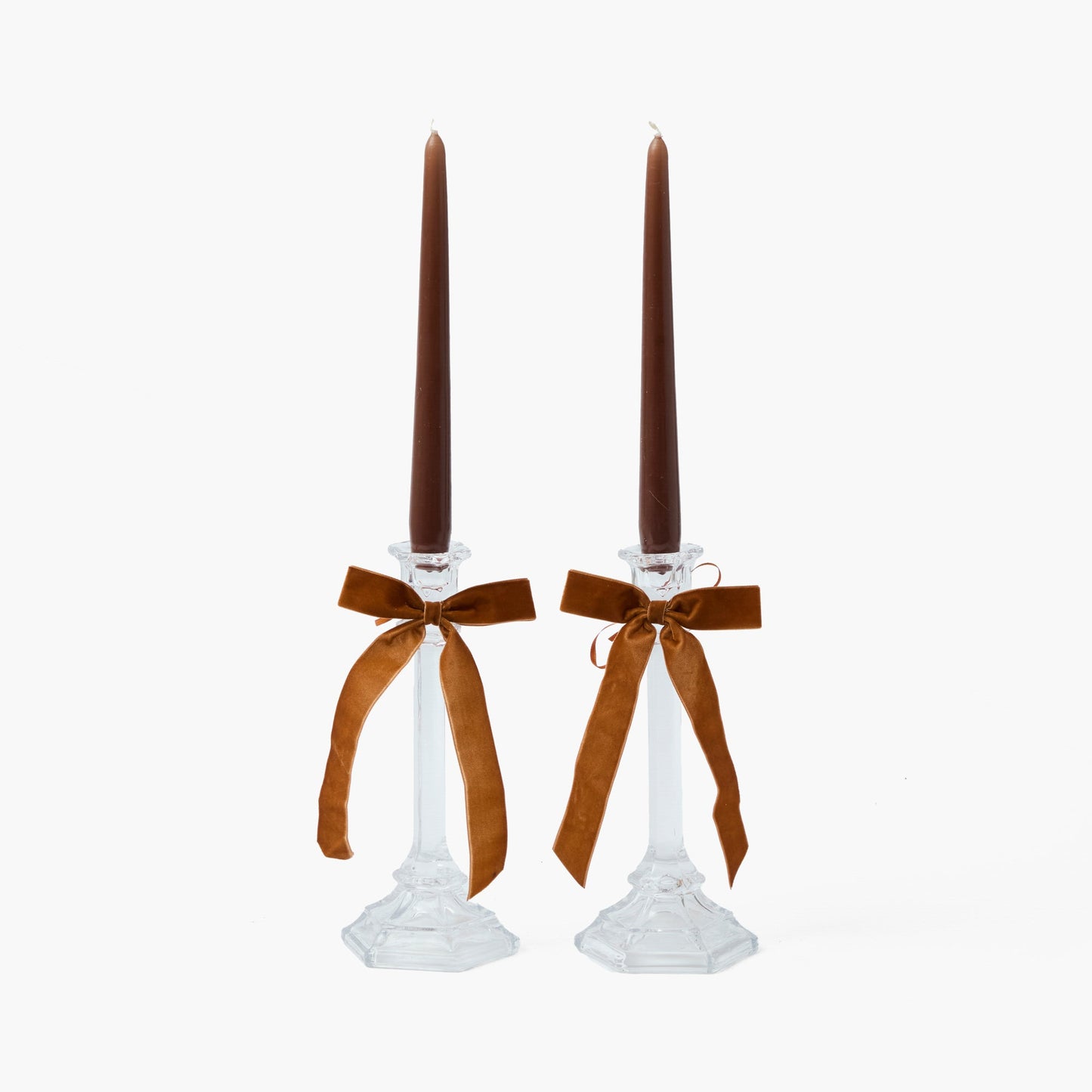 Glass Column Candle Holders with Chocolate Bows (Pair)