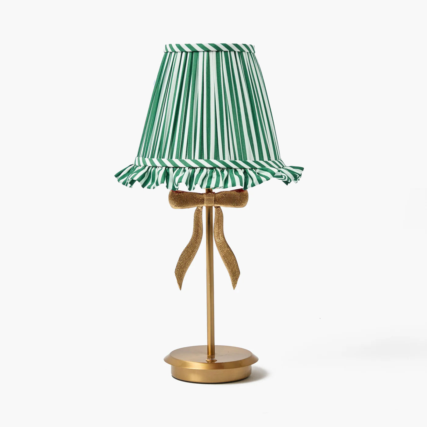 Marilyn Bow Rechargeable Lamp with Frilled Forest Green Striped Ruffle Shade (18cm)