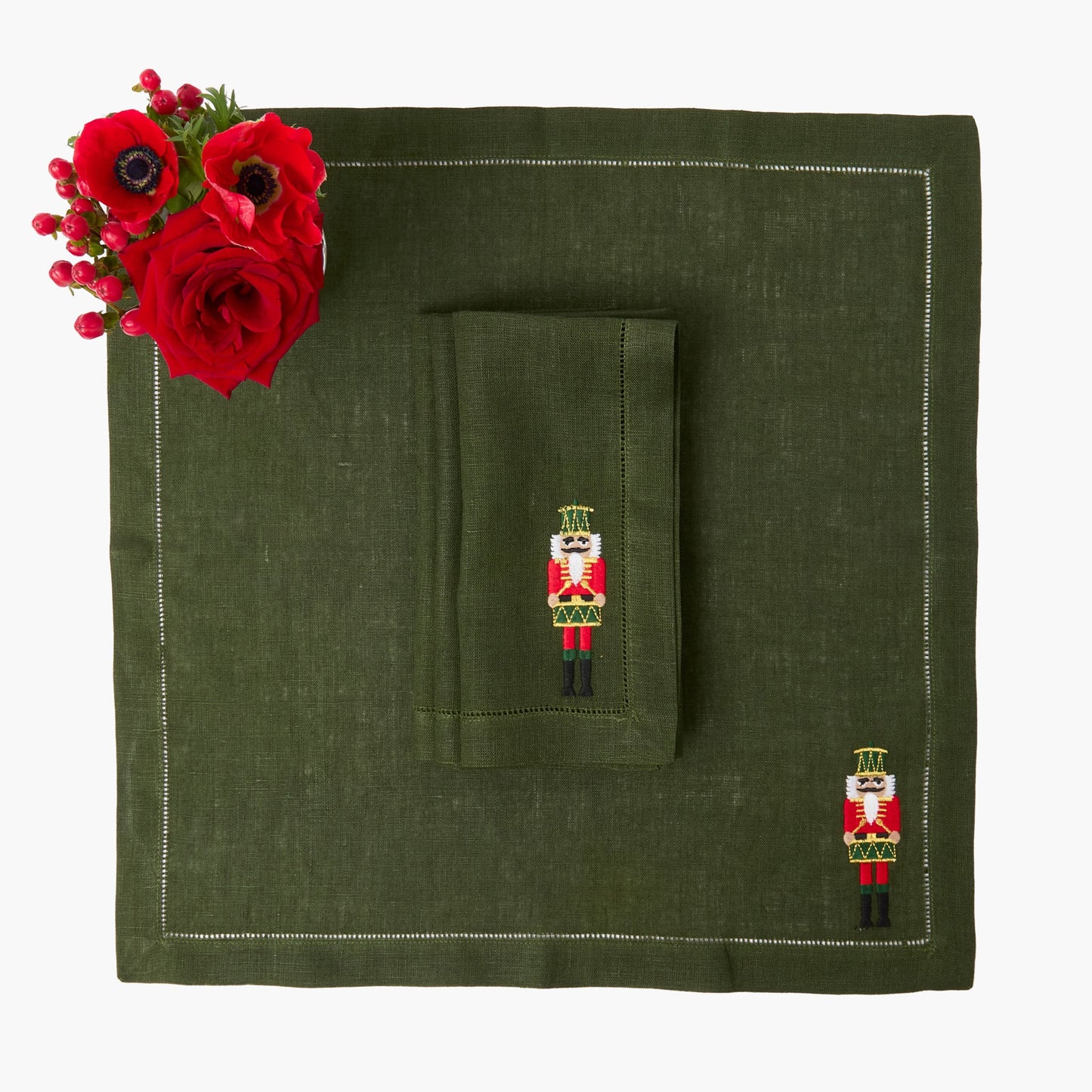 Forest Green Linen Embroidered Nutcracker Napkins (Set of 4)