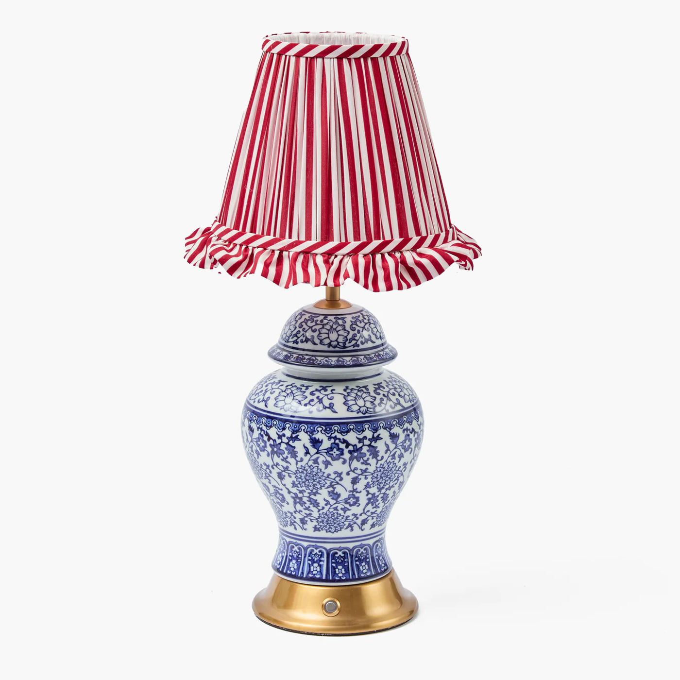 Chinoiserie Rechargeable Lamp with Red Striped Ruffle Shade (18cm)