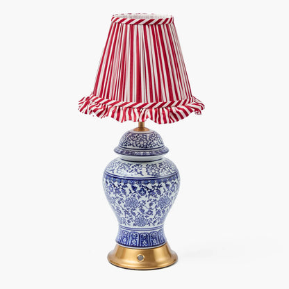 Chinoiserie Rechargeable Lamp with Red Striped Ruffle Shade (18cm)