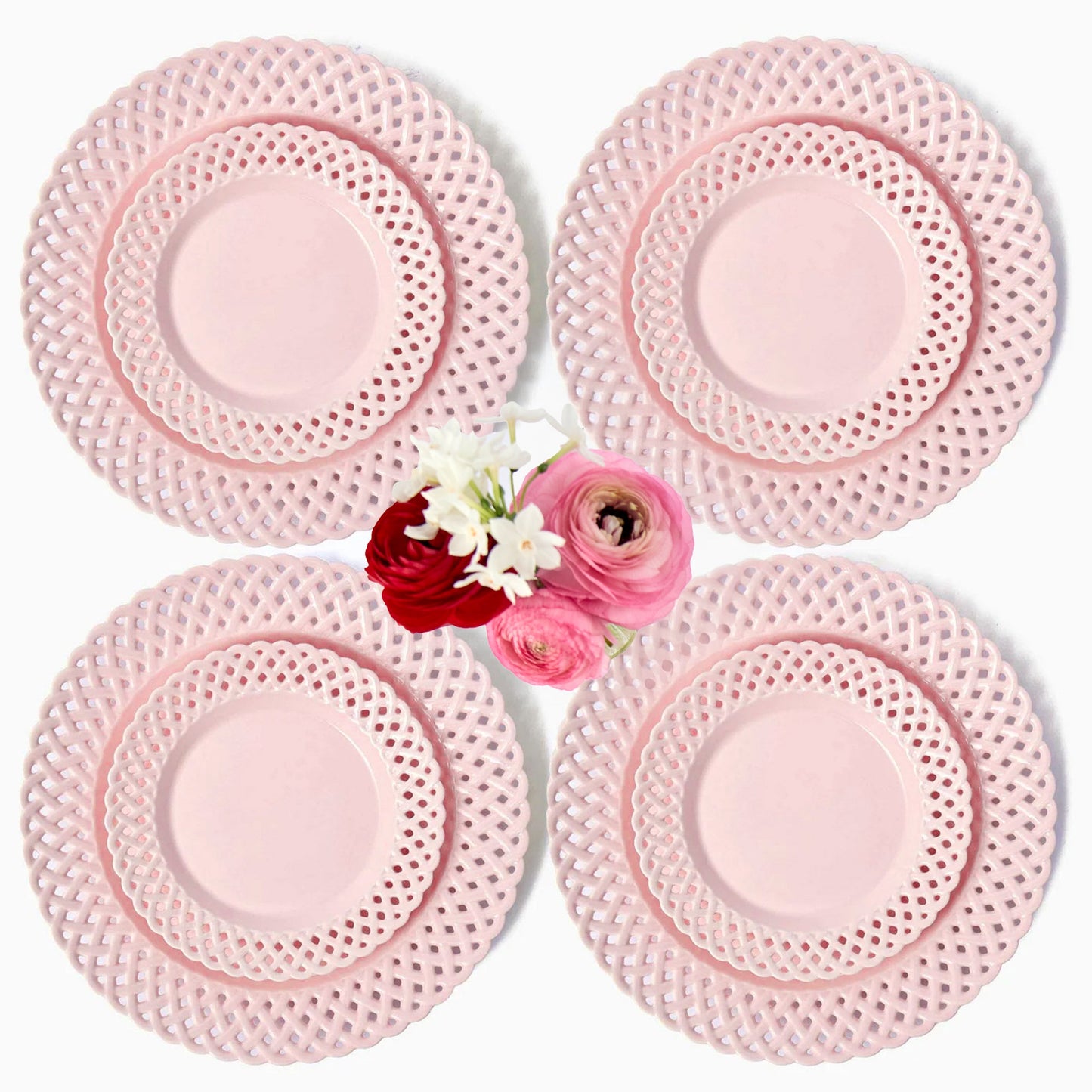 Pink Basketweave Dinner & Starter Plates (Set of 8)