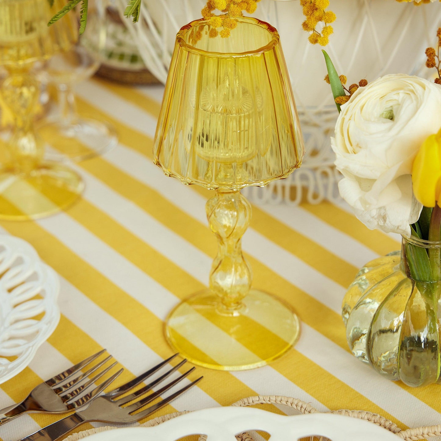 Yellow Glass Lantern Tea Light Holder (Pair) - 18cm