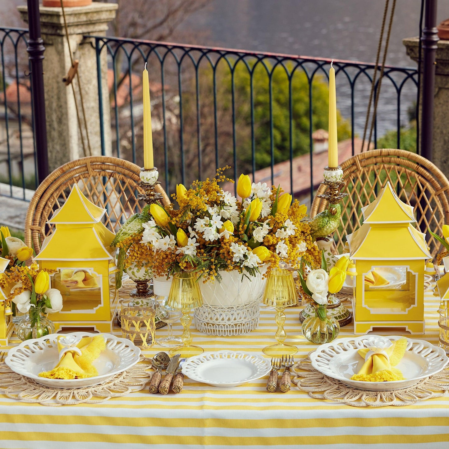 Yellow Glass Lantern Tea Light Holder (Pair) - 18cm